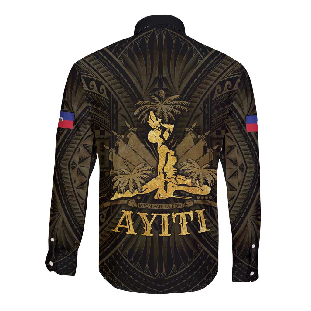 Long-sleeve button shirt, dark with gold back emblem and leaf fan pattern