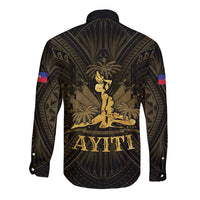 Long-sleeve button shirt, dark with gold back emblem and leaf fan pattern