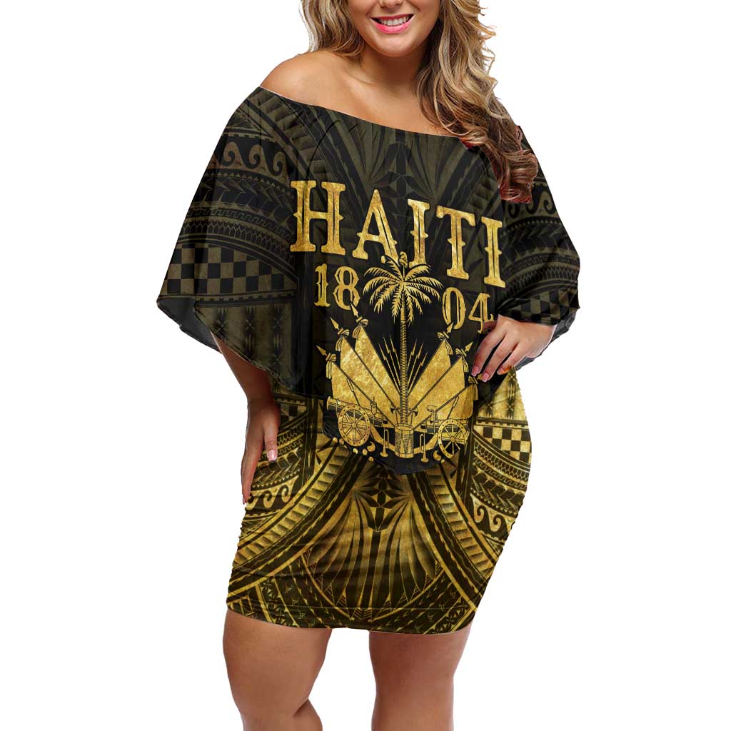 Haiti 1804 Off Shoulder Short Dress Polynesian Gold Neg Maron LT05 - Wonder Print Shop