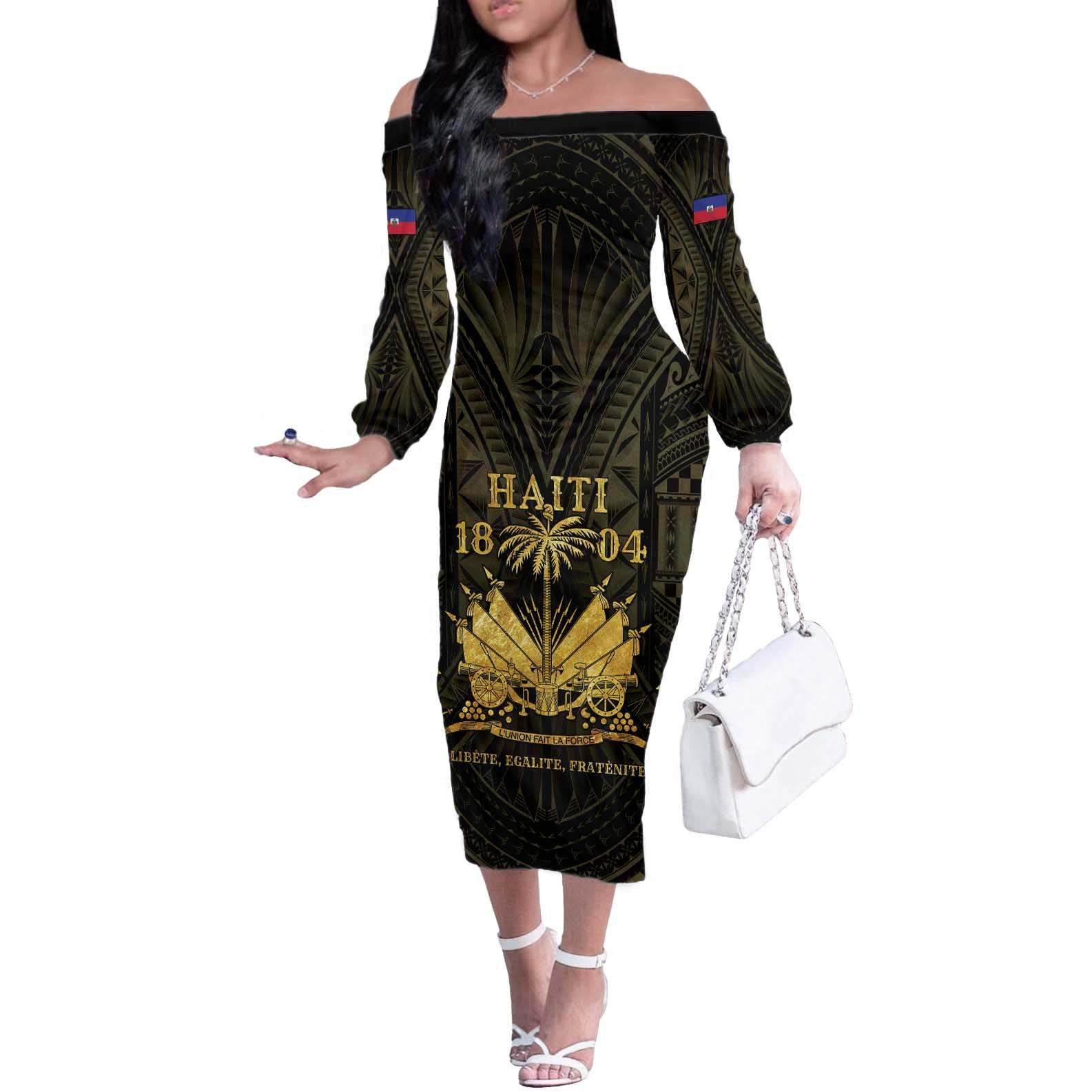 Haiti 1804 Off The Shoulder Long Sleeve Dress Polynesian Gold Neg Maron LT05 - Wonder Print Shop