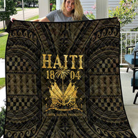 Haiti 1804 quilt with dark geometric border and gold crest, large gold “HAITI 1804” text