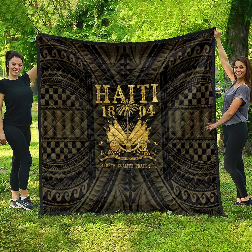 Haiti 1804 quilt spread outdoors, dark fabric with gold “HAITI 1804” and decorative border