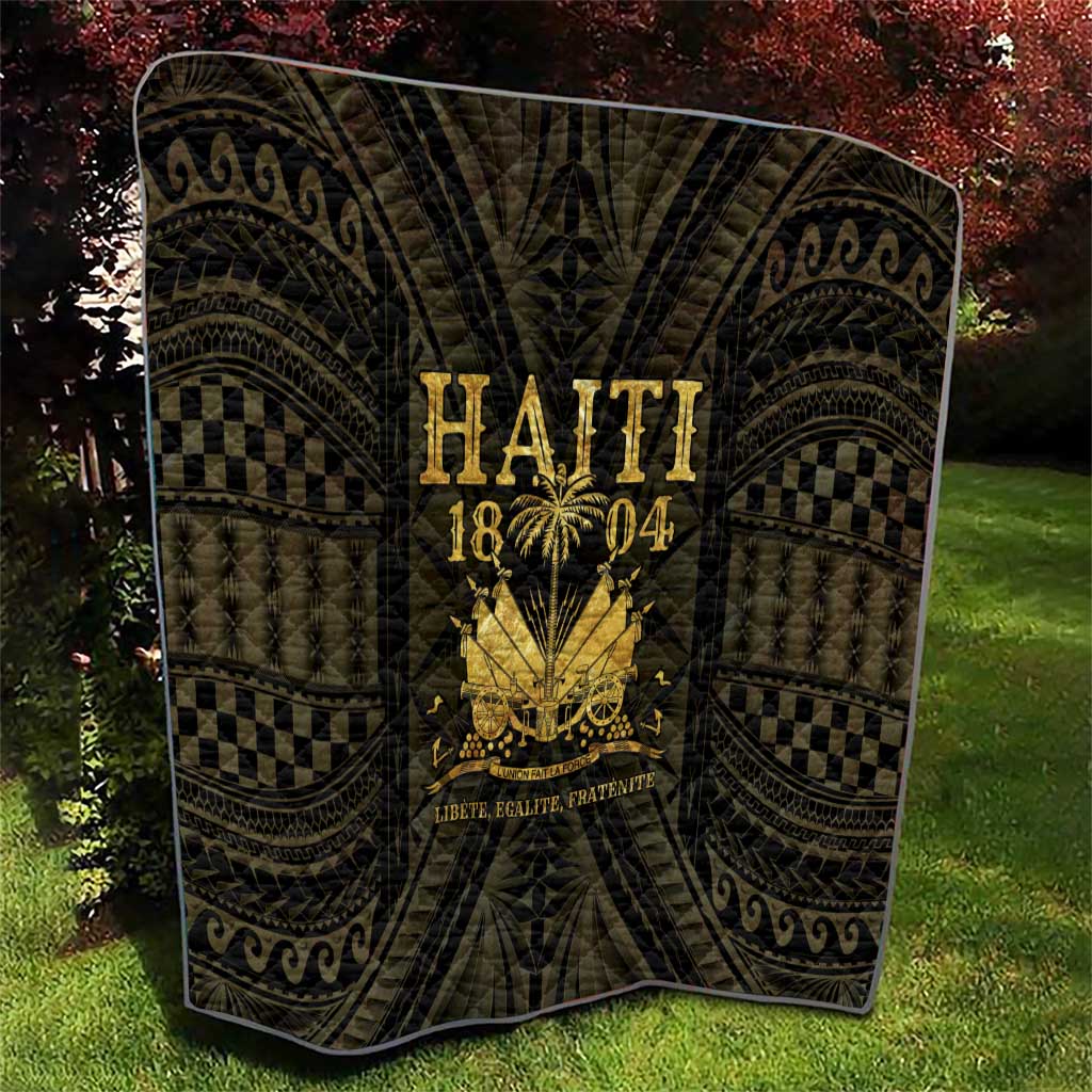 Haiti 1804 quilt laid flat with gold “HAITI 1804” emblem and dark geometric swirls
