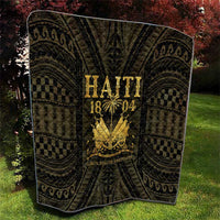 Haiti 1804 quilt laid flat with gold “HAITI 1804” emblem and dark geometric swirls