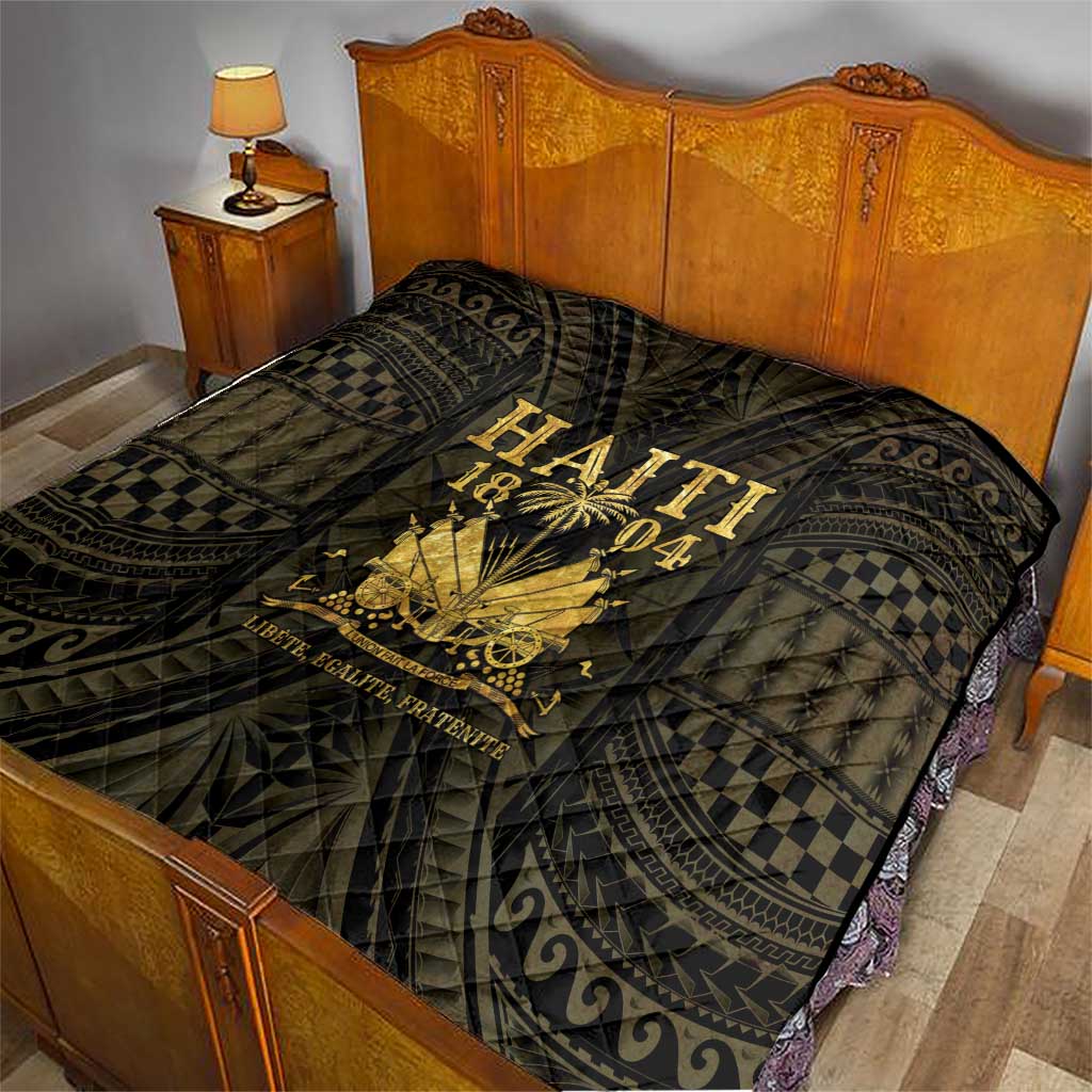 Haiti 1804 quilt on bed, dark and gold “HAITI 1804” center medallion with quilted texture