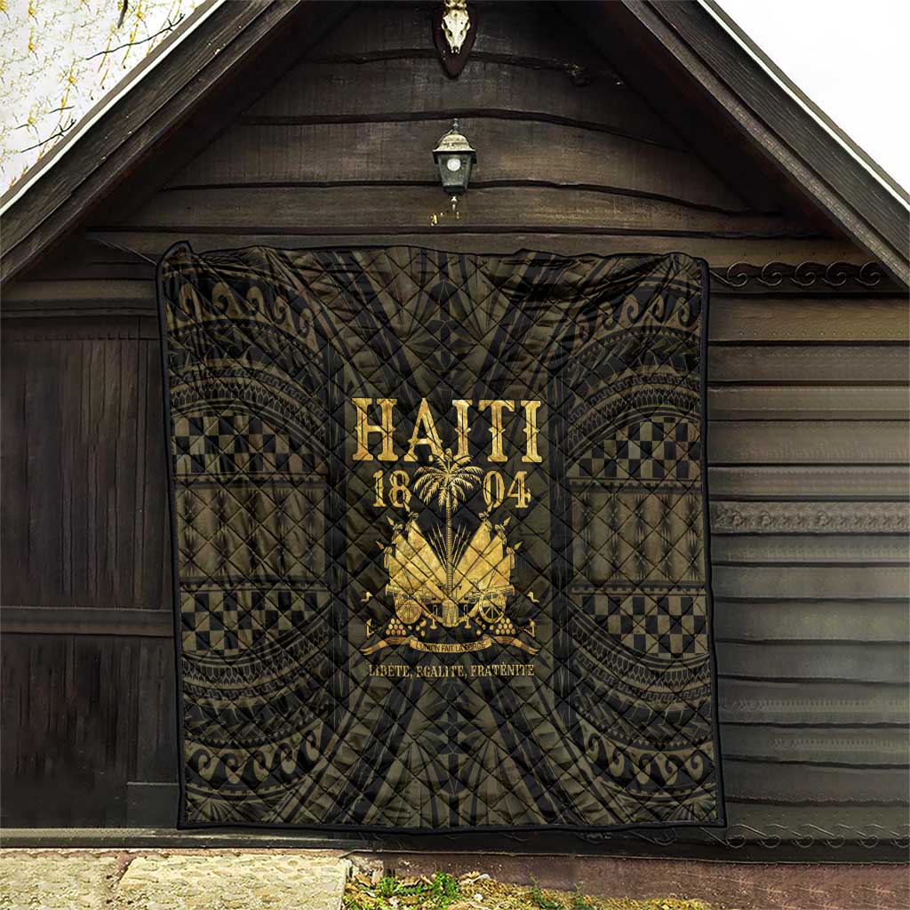 Haiti 1804 quilt hung indoors, dark geometric design with gold “HAITI 1804” crest