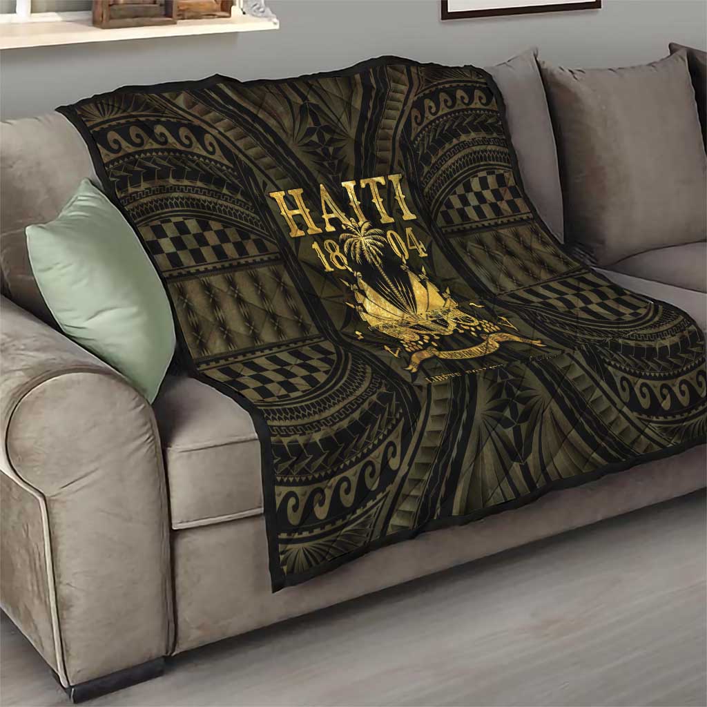 Haiti 1804 quilt on gray sofa, dark blanket with gold “HAITI 1804” emblem and swirls