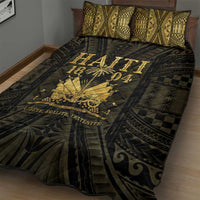 Dark quilt bed set with gold HAIITI 1804 artwork and two matching pillows