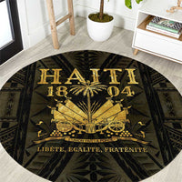Round black-and-gold round carpet with ornate central emblem and fan motifs