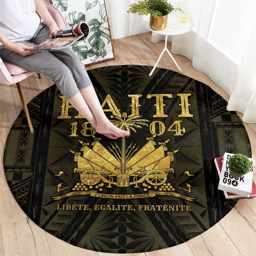 Round black-and-gold round carpet with gold emblem and bold centered lettering