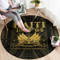 Round black-and-gold round carpet with gold emblem and bold centered lettering
