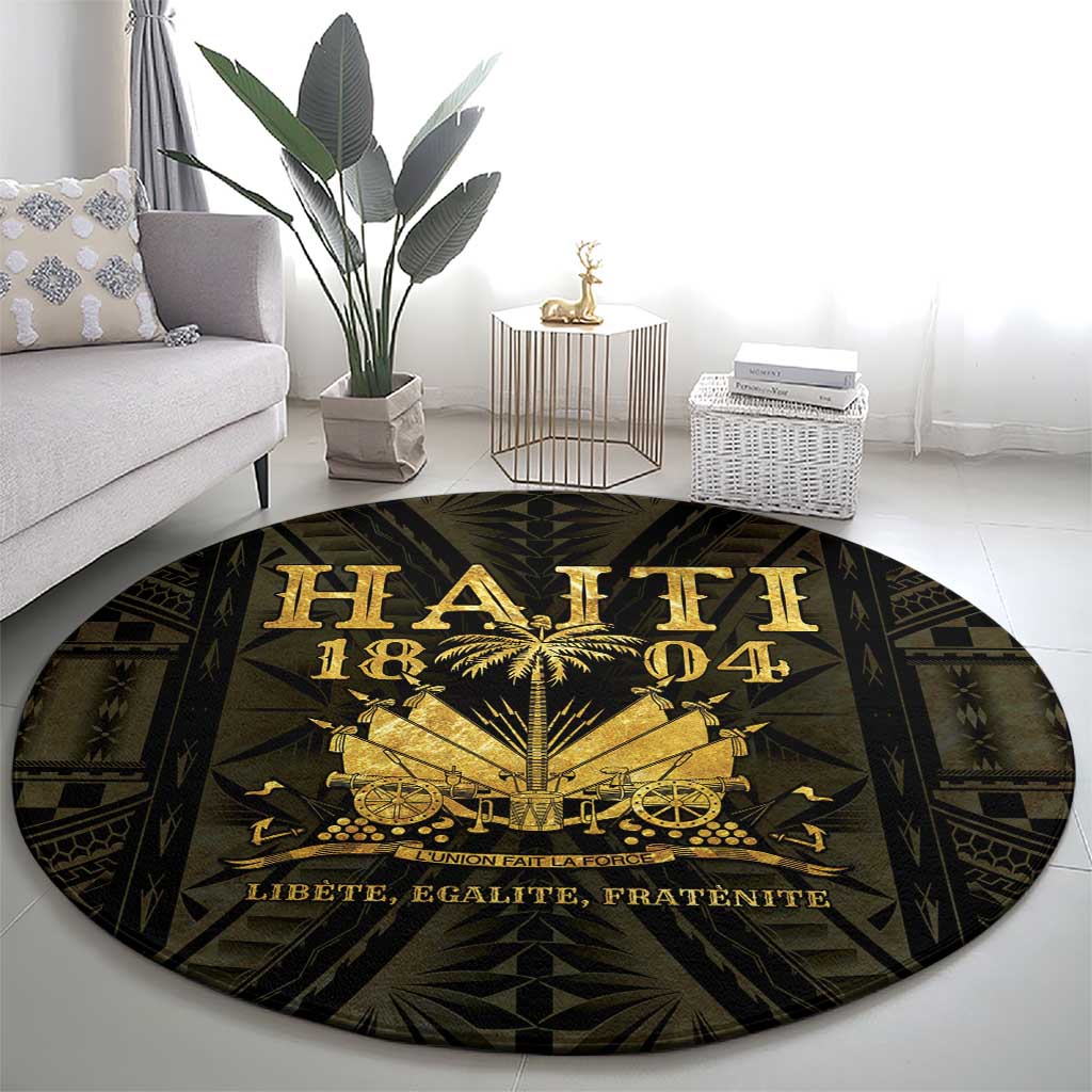 Round black-and-gold round carpet featuring gold text and symmetrical emblem design