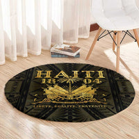 Round black-and-gold round carpet with central gold emblem and arched text