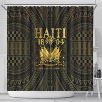 Dark green shower curtain with gold Haiti 1804 text, crest emblem, and decorative borders