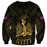 Dark crewneck sweatshirt with large gold crest graphic and 'HAITI 1804' lettering, flag sleeves