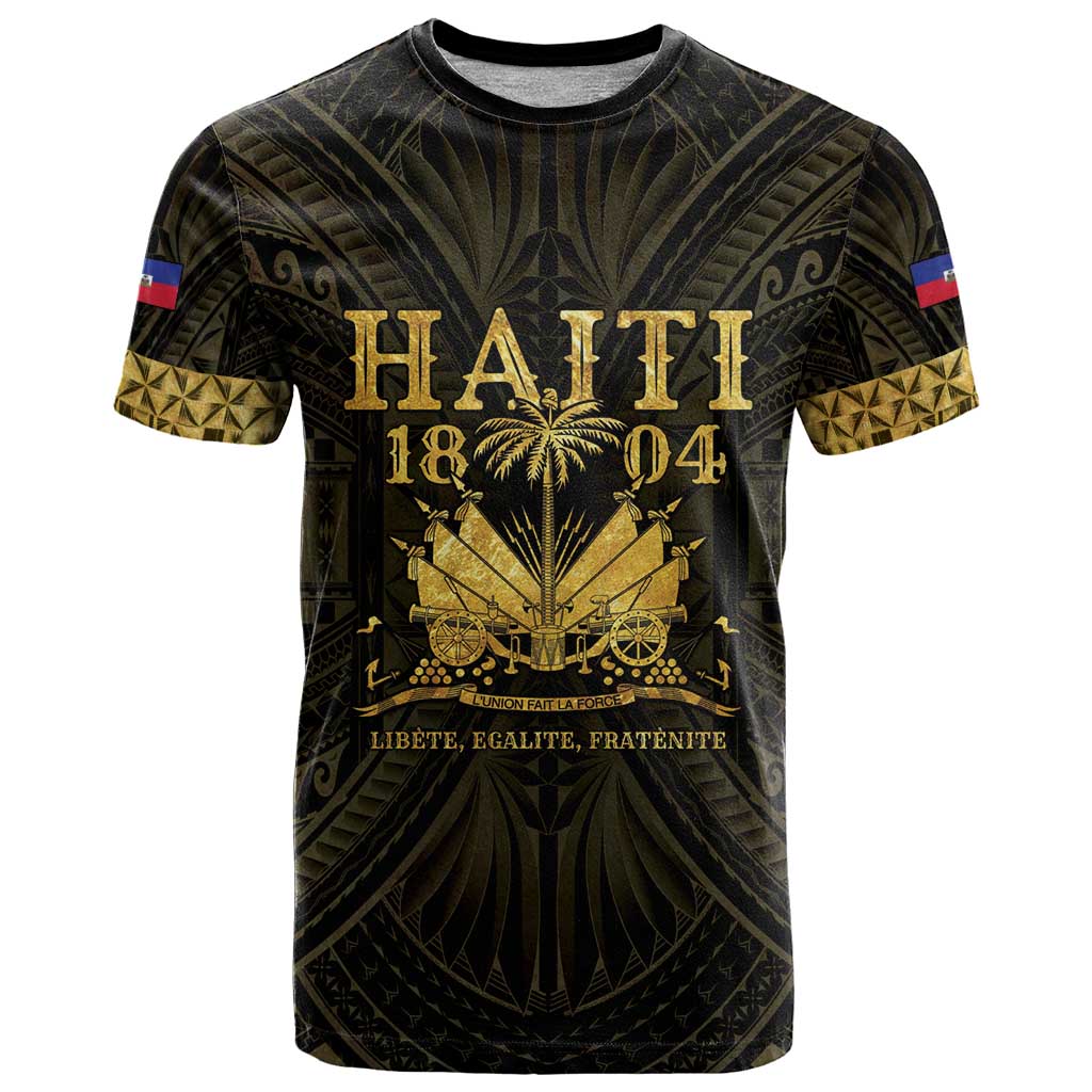 Black crewneck T-shirt with gold Polynesian-style Haiti 1804 front graphic