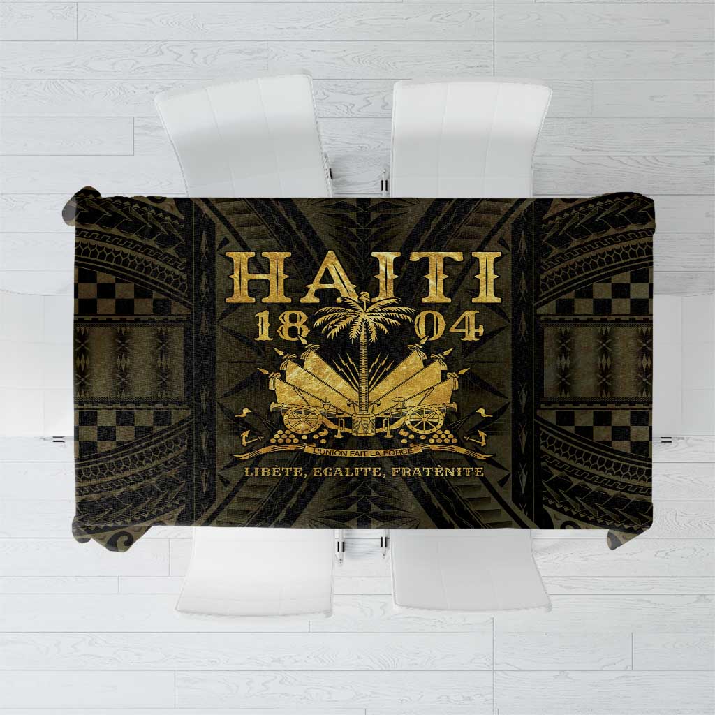 Black and gold rectangular tablecloth with printed crest design and decorative border.
