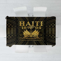 Black and gold rectangular tablecloth with printed crest design and decorative border.