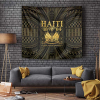 Haiti 1804 wall tapestry with gold crest on dark green ornate background