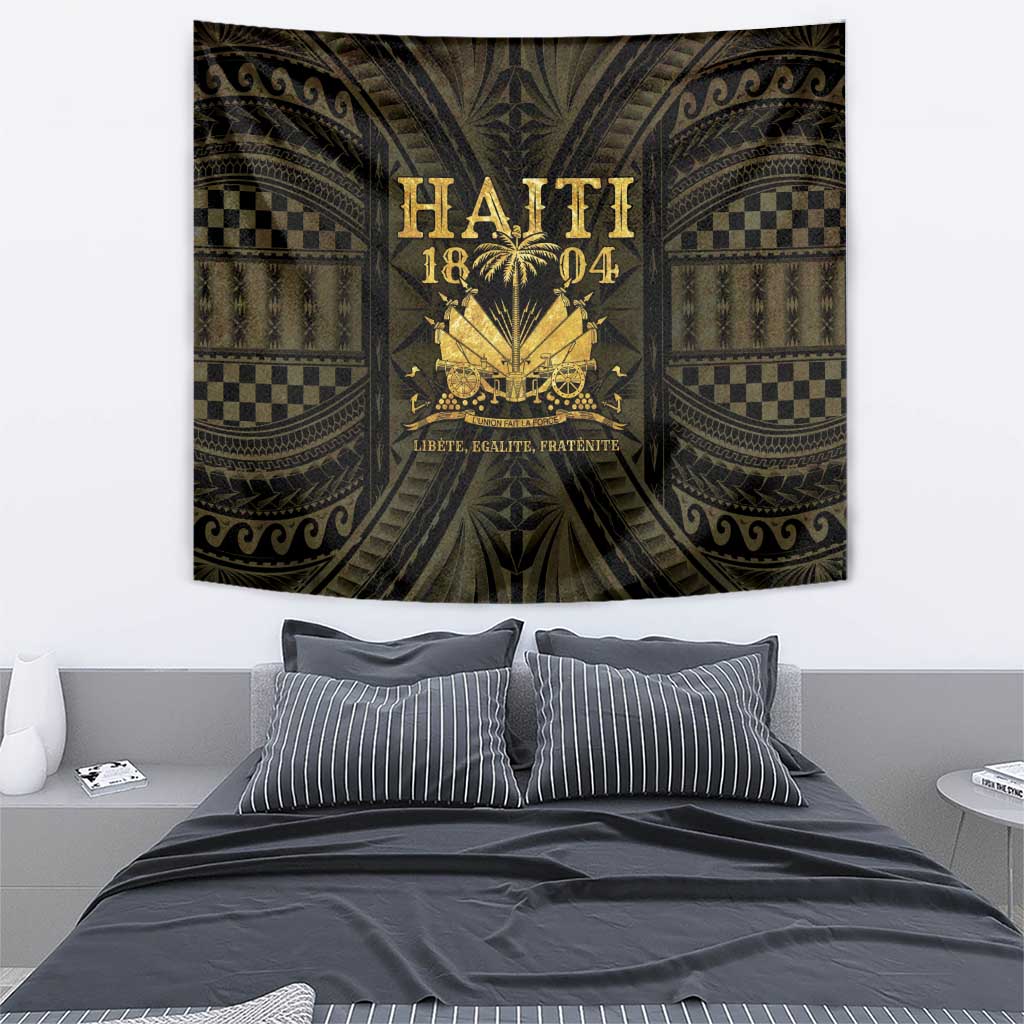 Square Haiti 1804 wall tapestry with gold crest and decorative dark green panels