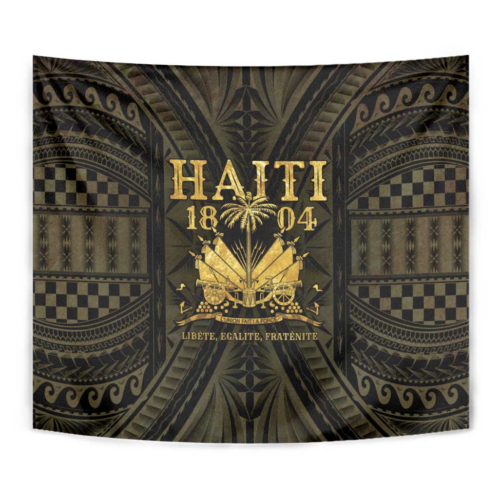 Draped Haiti 1804 wall tapestry with gold crest on dark green ornate design