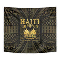 Draped Haiti 1804 wall tapestry with gold crest on dark green ornate design
