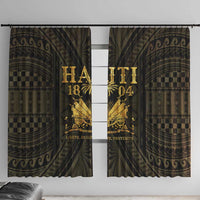 Gold and dark patterned window curtain panels with decorative crest and border motifs