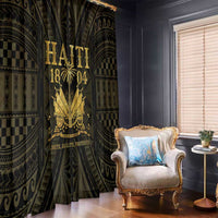 Dark window curtain with gold ornate shield, lettering, and radial design