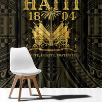 Gold and dark patterned window curtain with central crest and decorative text