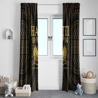 Gold and dark window curtain set framing a white door with matching side panels