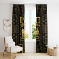 Dark and gold patterned window curtains with crest motif centered on two panels
