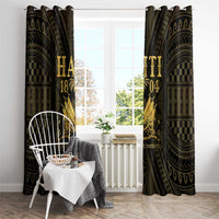 Dark window curtain panels with gold lettering and ornate emblem, hung over floor