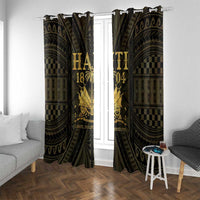 Dark and gold window curtain panels with decorative border and central emblem