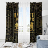 Dark gold patterned window curtains with crest and border detail over sheer drape