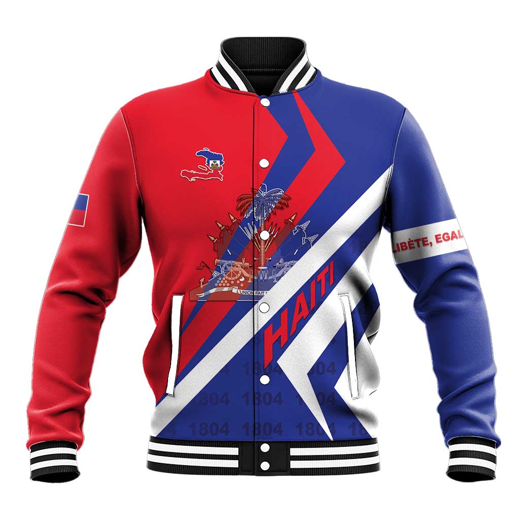 Red and blue varsity baseball jacket with Haitian crest front and striped sleeves, snap buttons