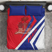Haiti-themed bedding set, red-and-blue duvet with coat of arms graphic and two blue pillows