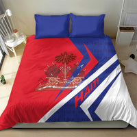 Haiti bedding set with red duvet, coat of arms center, blue chevron stripe, and two blue pillowcases