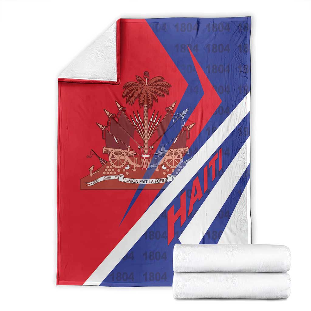 Folded Haiti flag blanket with coat of arms, red white and blue diagonal stripe design