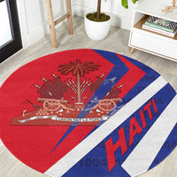 Round red rug with blue and white Haiti coat-of-arms and HAITI lettering