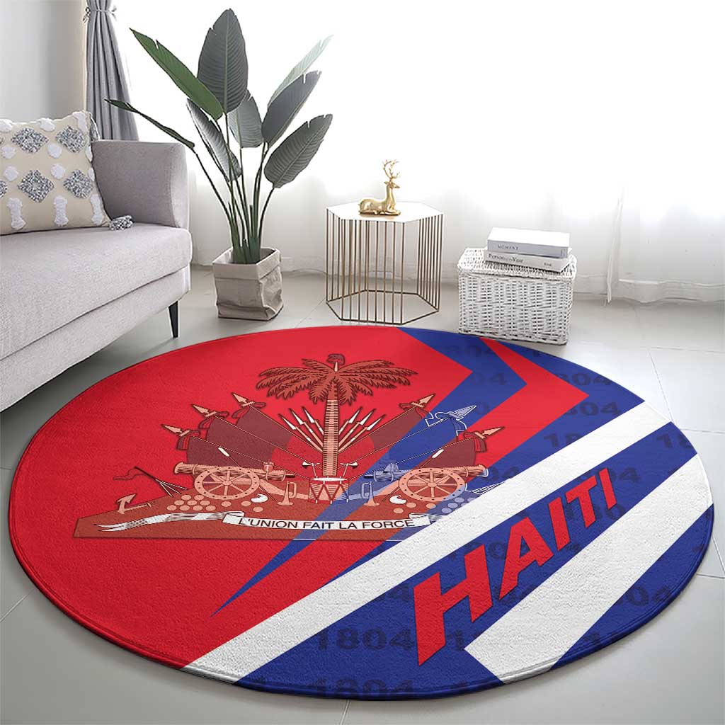 Round red rug with Haiti coat of arms, blue and white bands, HAITI text
