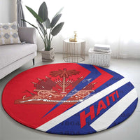 Round red rug with Haiti coat of arms, blue and white bands, HAITI text