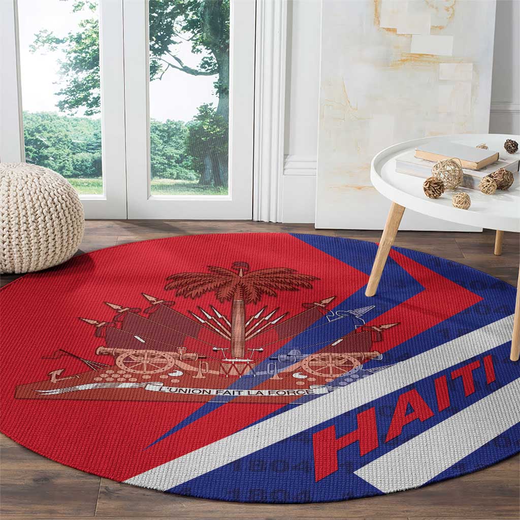 Round red rug on floor with central coat of arms, blue stripe and HAITI lettering