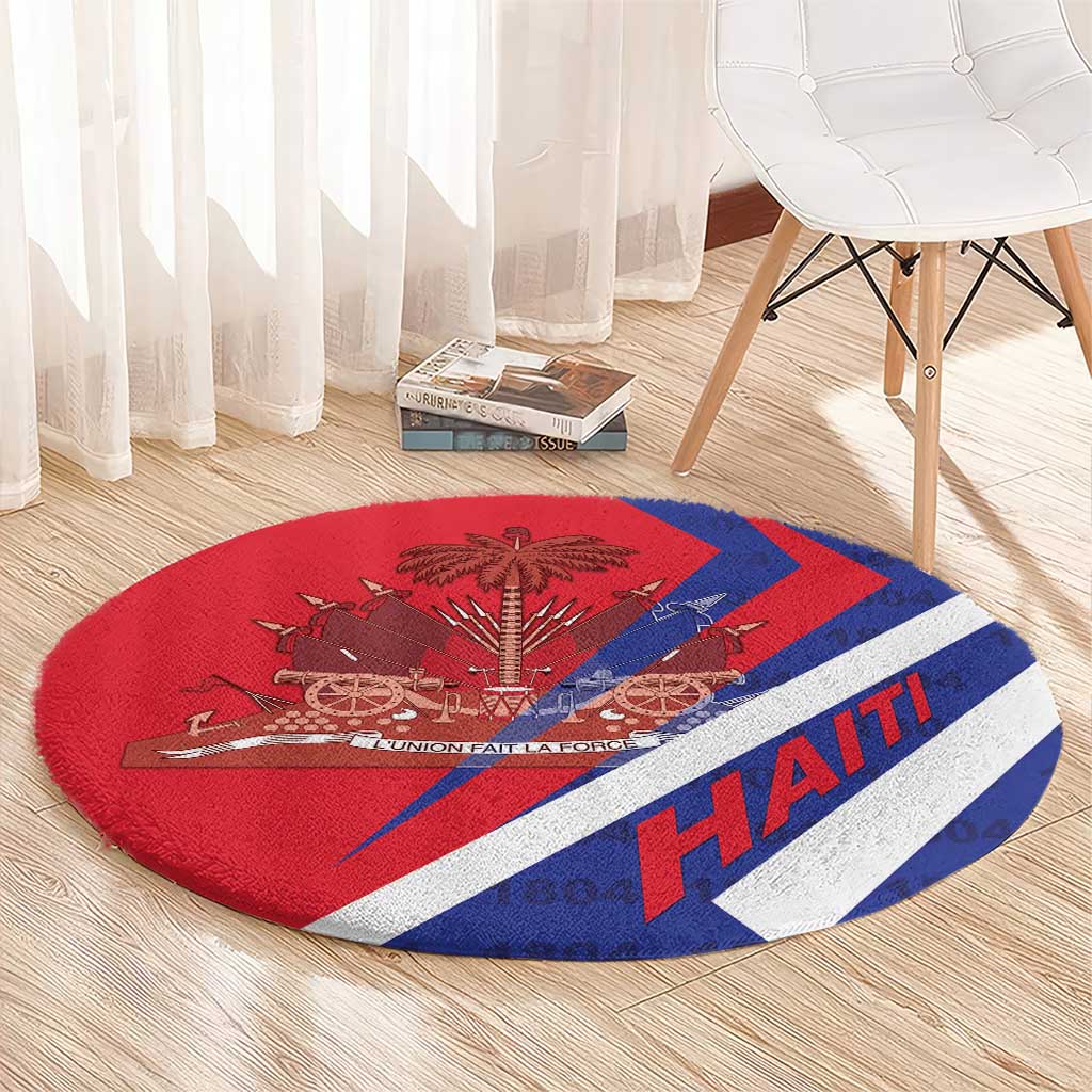 Round red rug with Haiti emblem and HAITI word, blue diagonal panels and white border