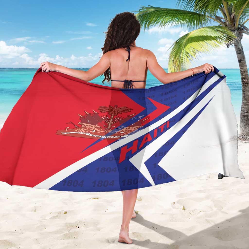 Red, blue, white Haiti coat of arms sarong wrap with diagonal stripe pattern, rear view