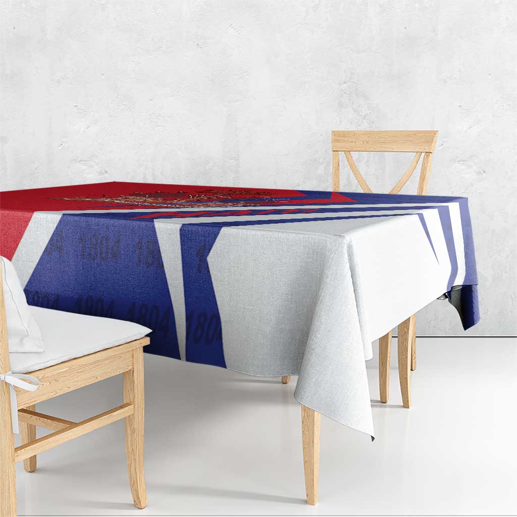 Red and blue diagonal stripe tablecloth draped over dining bench and table