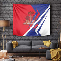 Red, white, and blue Haiti coat of arms tapestry with diagonal chevron bands.