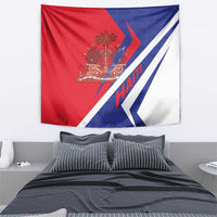 Red and white tapestry with blue diagonal stripe and Haiti coat of arms emblem.