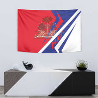 Wall-hung red Haiti coat of arms tapestry with blue chevron and white diagonal stripe.