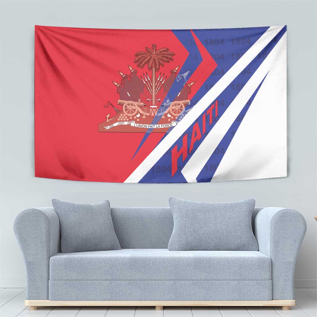 Red, blue, and white coat-of-arms tapestry with bold diagonal chevron pattern.