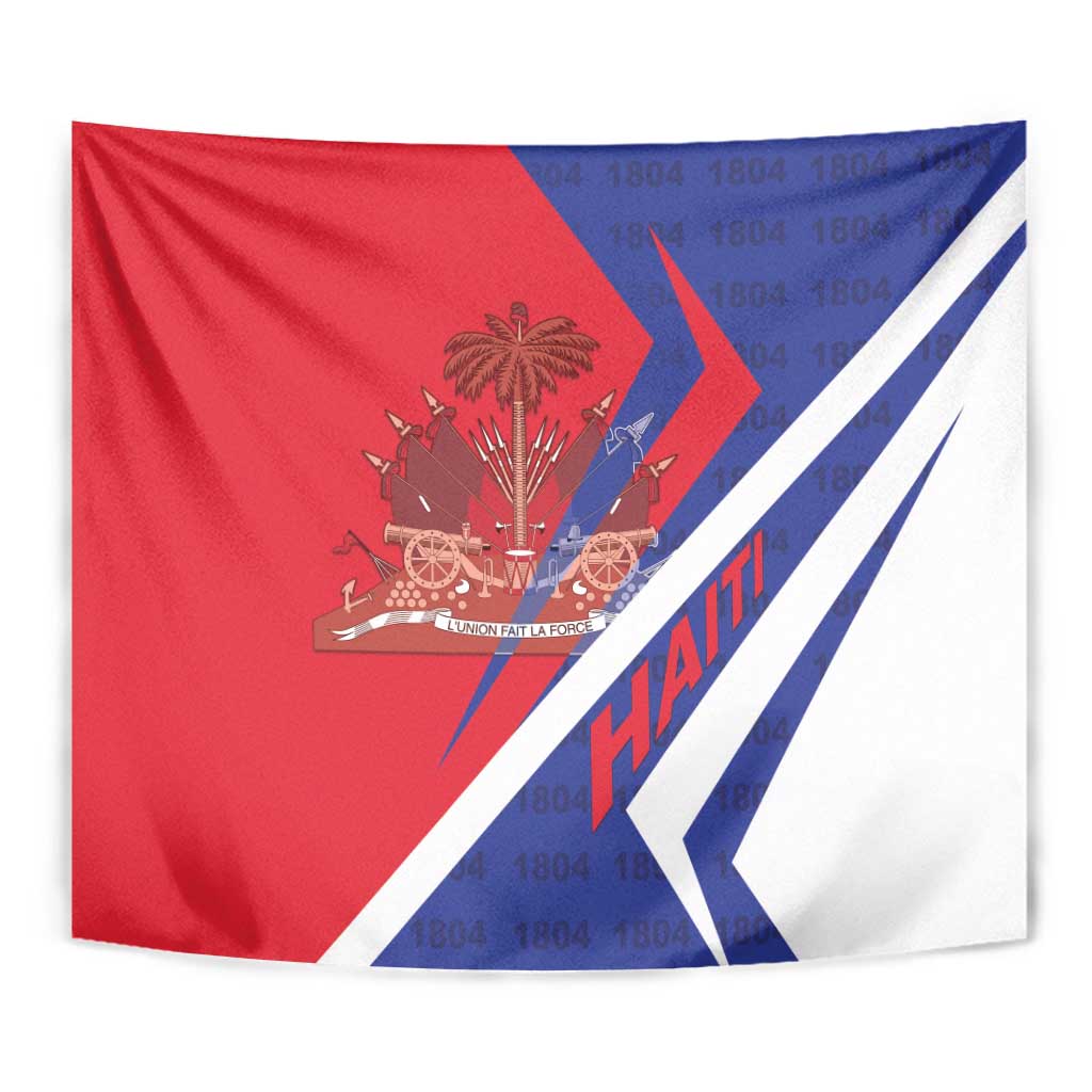 Close-up of Haiti 1804 coat of arms tapestry in red, white, and blue diagonal bands.